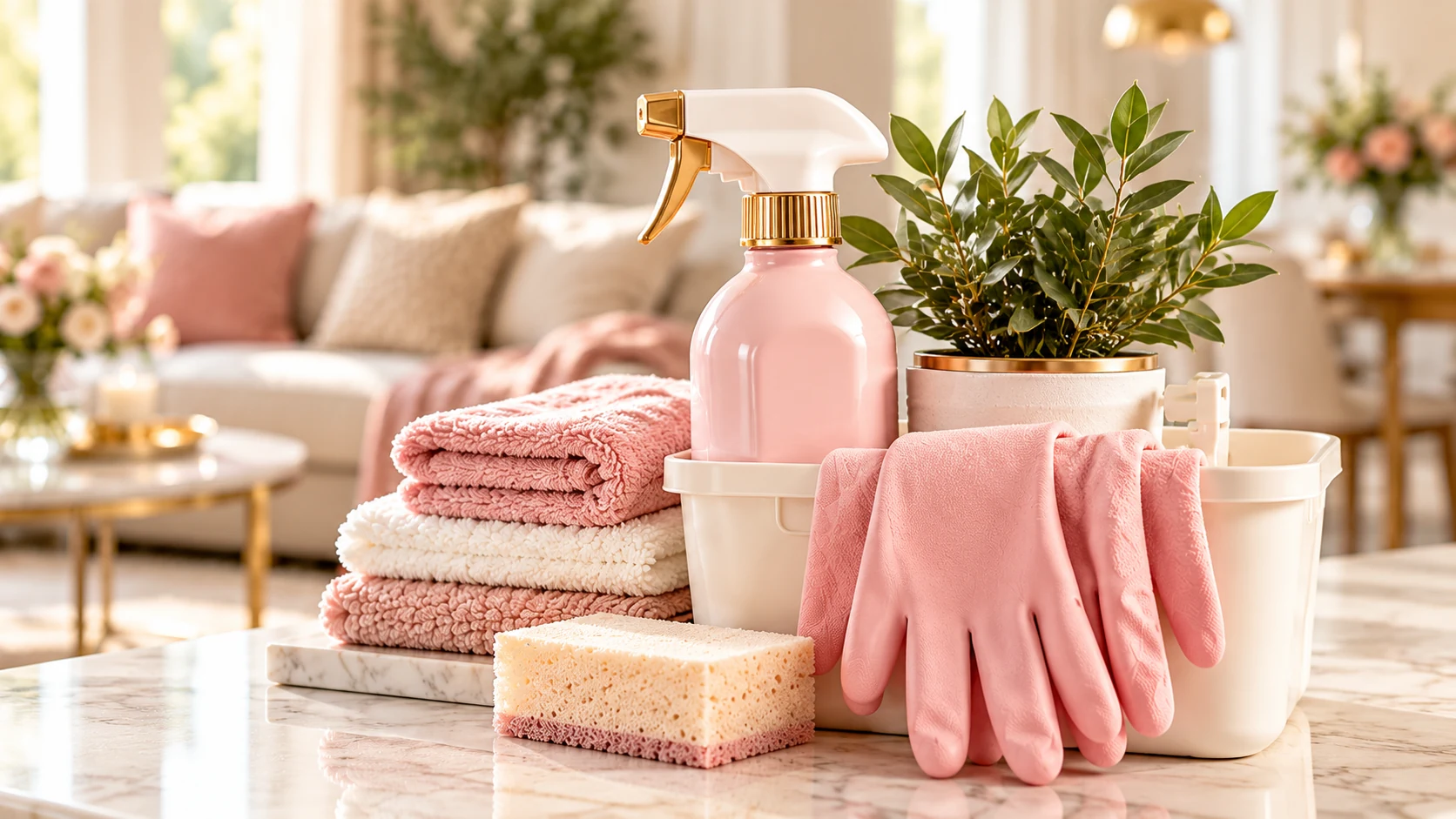 Implementos de aseo y textiles limpios en tonos rosa pastel dentro de un hogar luminoso