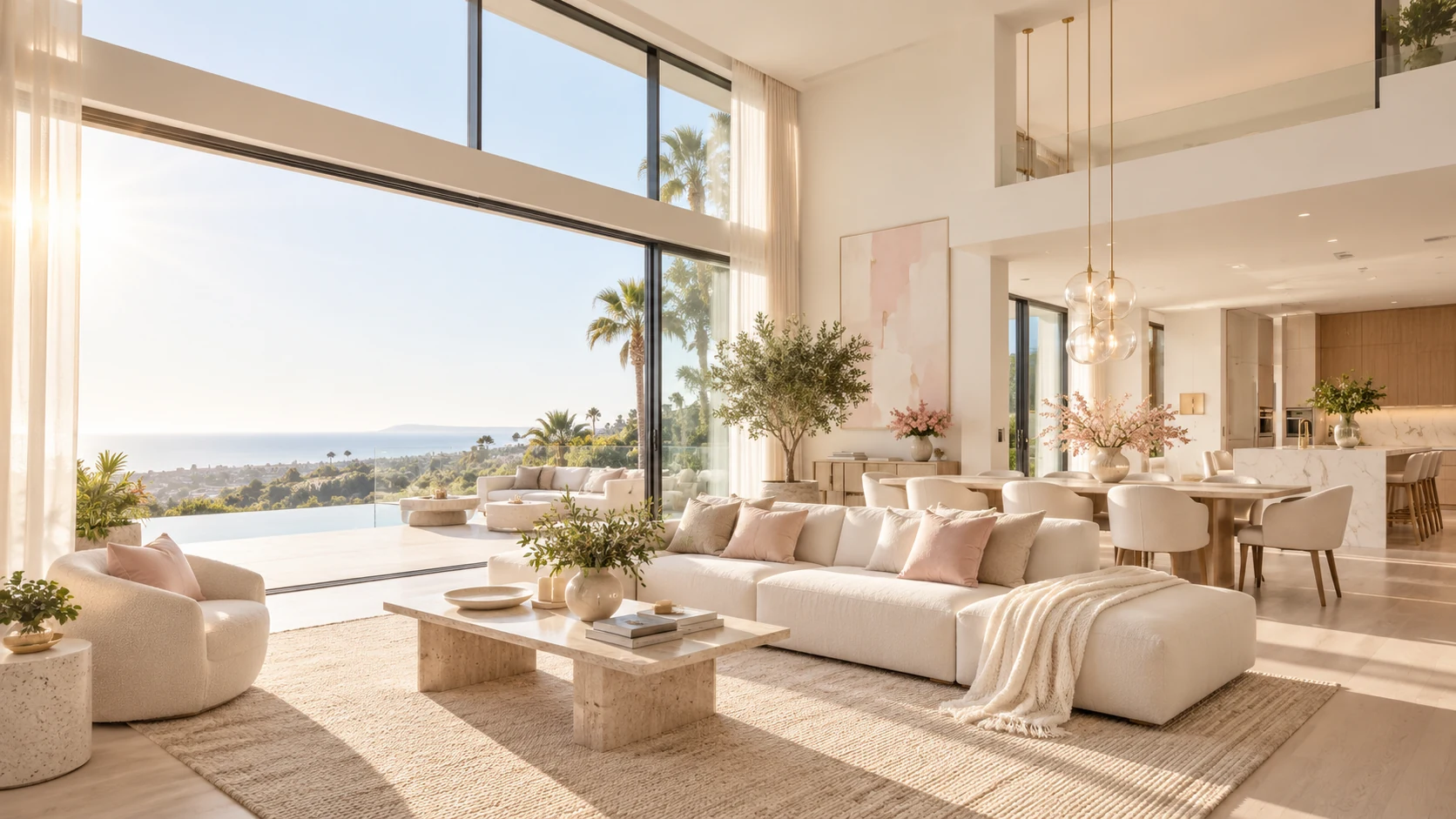 Sala y comedor de estilo californiano, luminosos y ordenados, con vista al océano y tonos crema y rosados