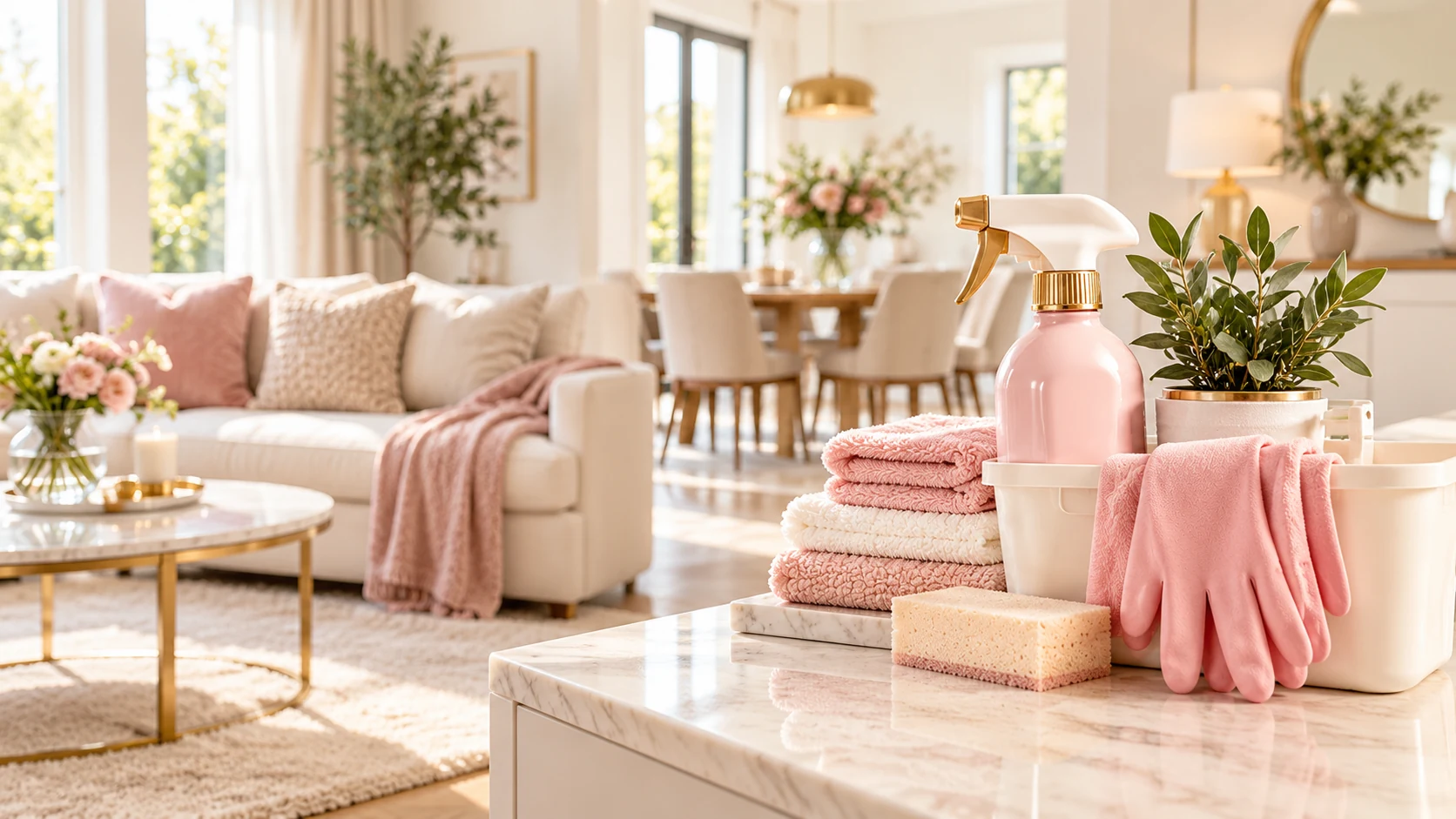 Sala acogedora con productos de limpieza de tonos suaves