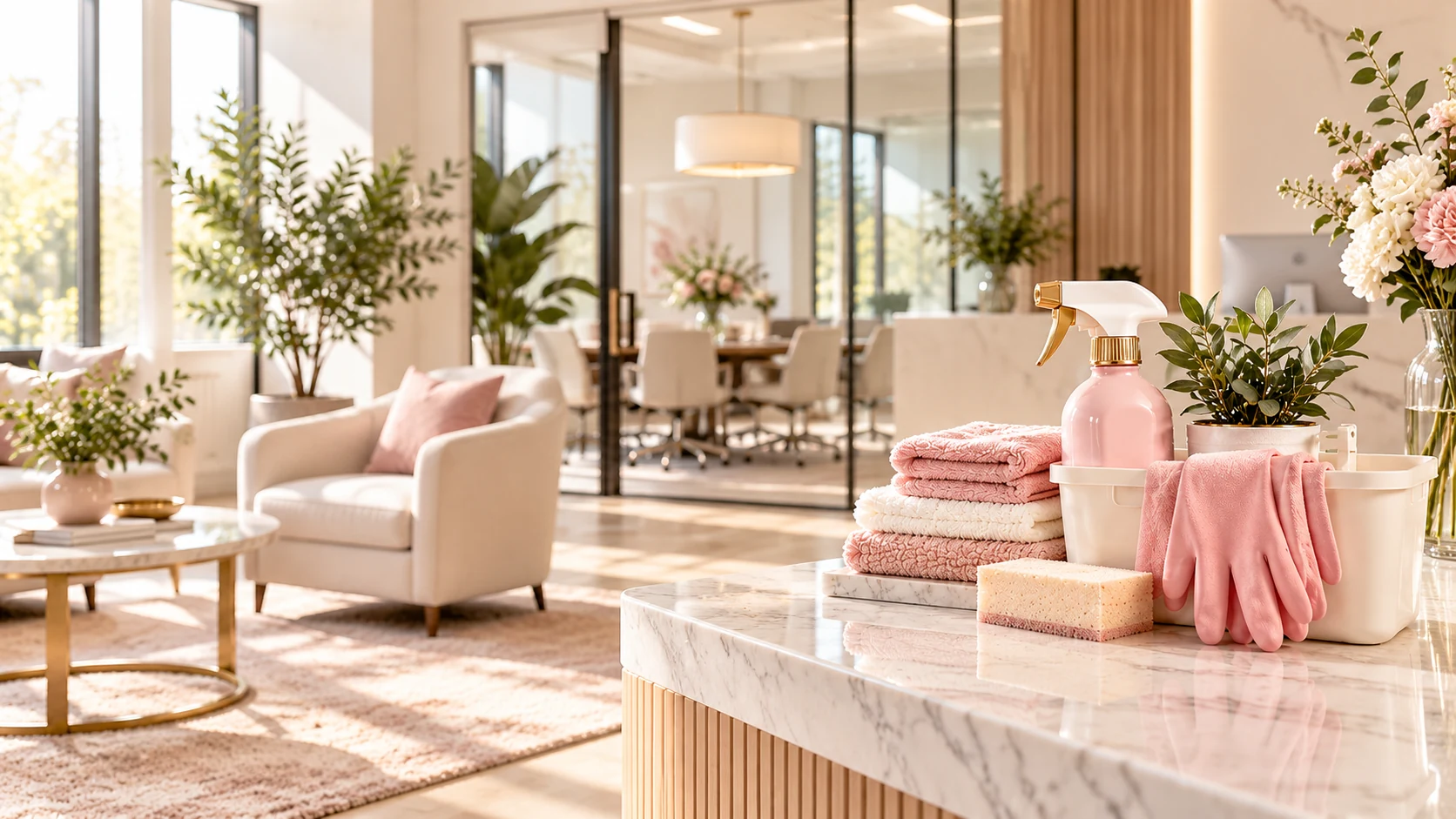 Oficina elegante y limpia con productos de limpieza rosados