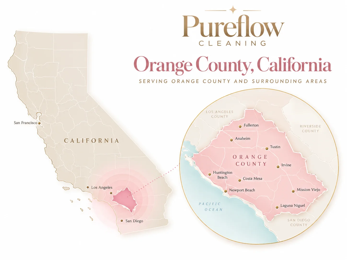Mapa ilustrativo de California que destaca el área de Orange County y ciudades de referencia