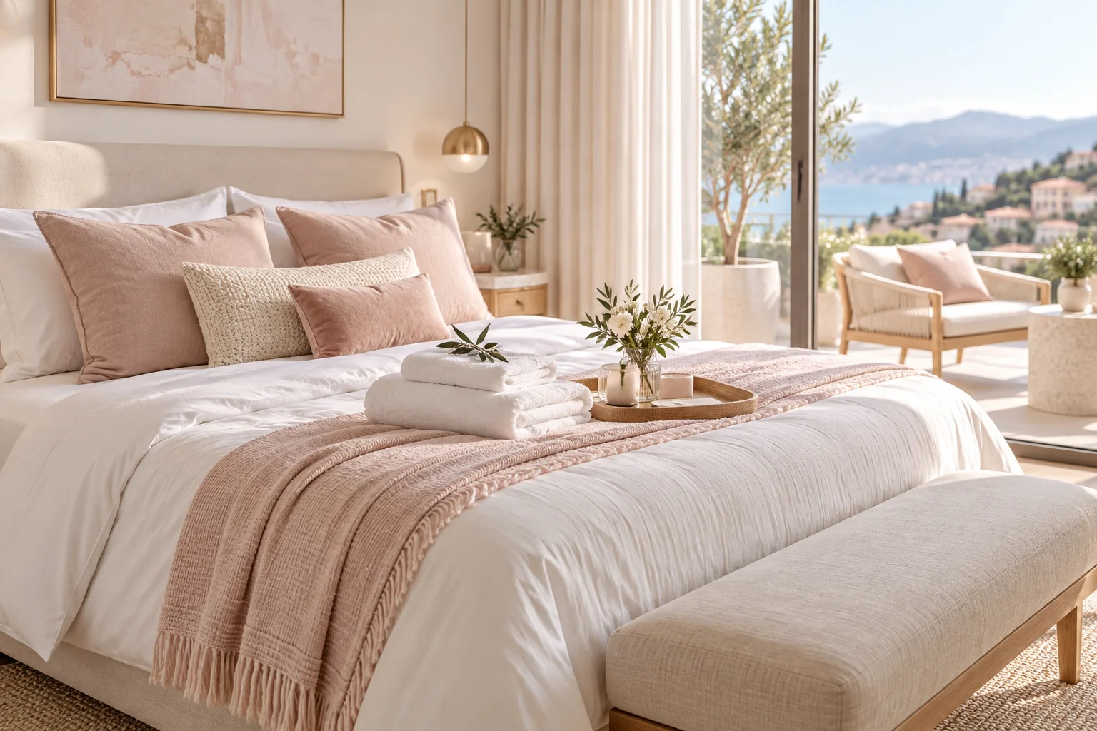 Dormitorio de alquiler vacacional cuidadosamente presentado con ropa de cama blanca, toallas dobladas y vista al paisaje costero.