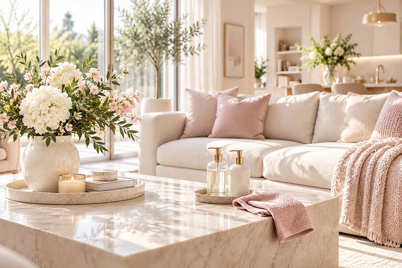 Sala de estar luminosa y cuidada con sofá color crema, cojines rosados y mesa de mármol impecable.