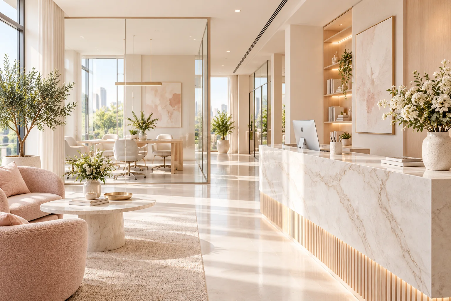 Recepción comercial elegante con mostrador de mármol, sillas color rosa suave y espacios limpios y luminosos.