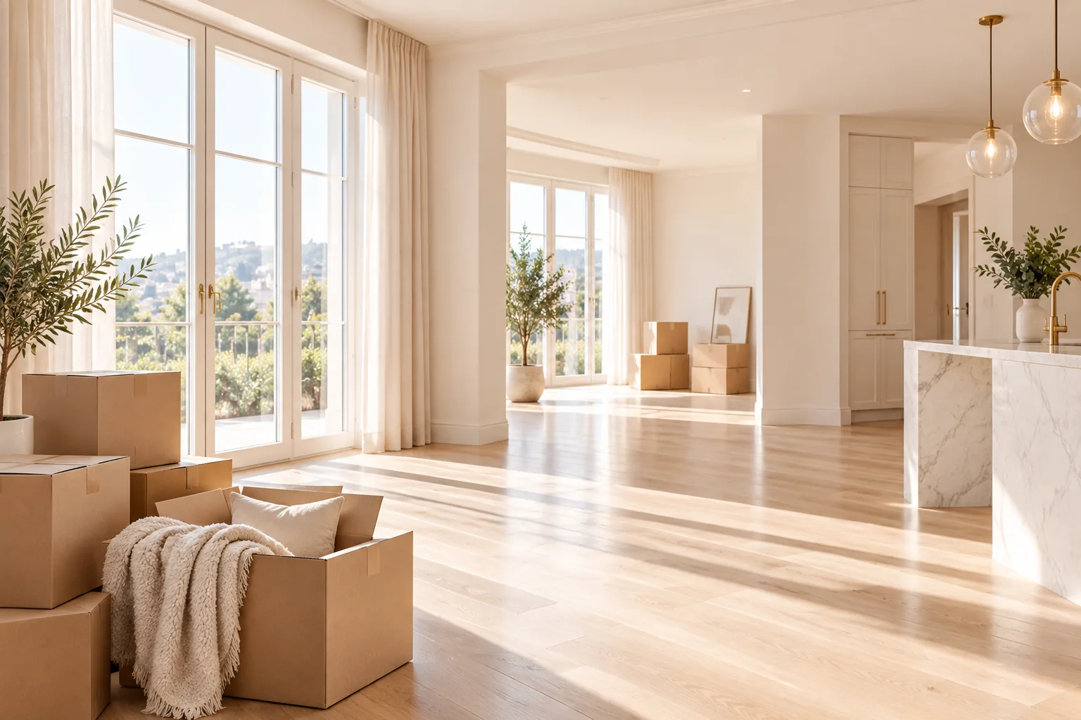 Vivienda luminosa prácticamente vacía con cajas de mudanza y pisos de madera claros listos para limpiarse.